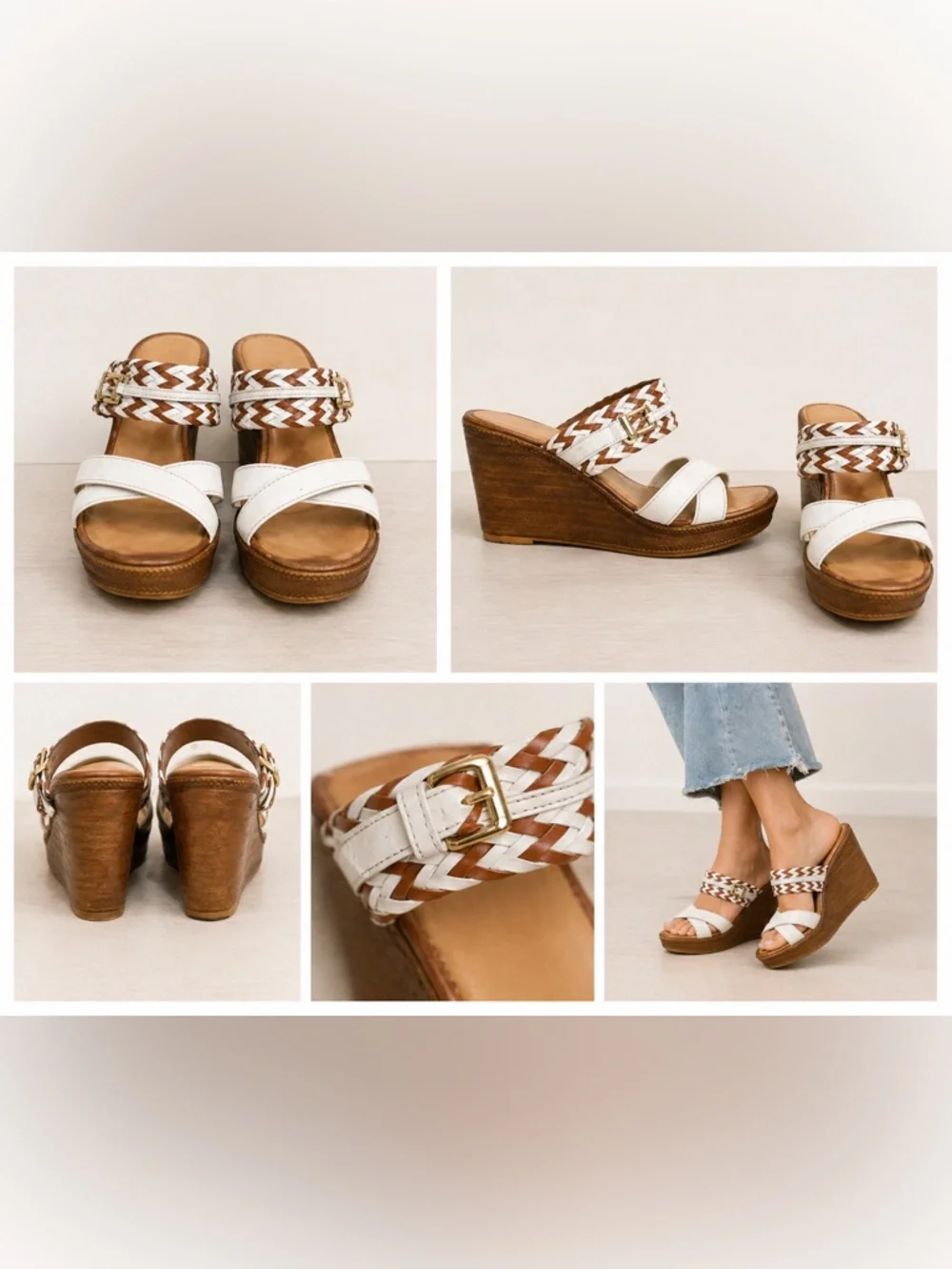 Italian Shoemakers White & Brown‎ Woven Leather Wedge Sandals